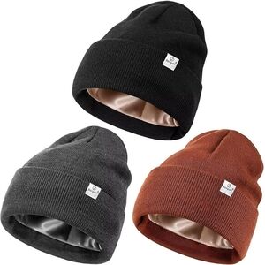 3 Pack Satin Lined Winter Beanie Hats for Women,Silk Lined Soft Hat Stocking